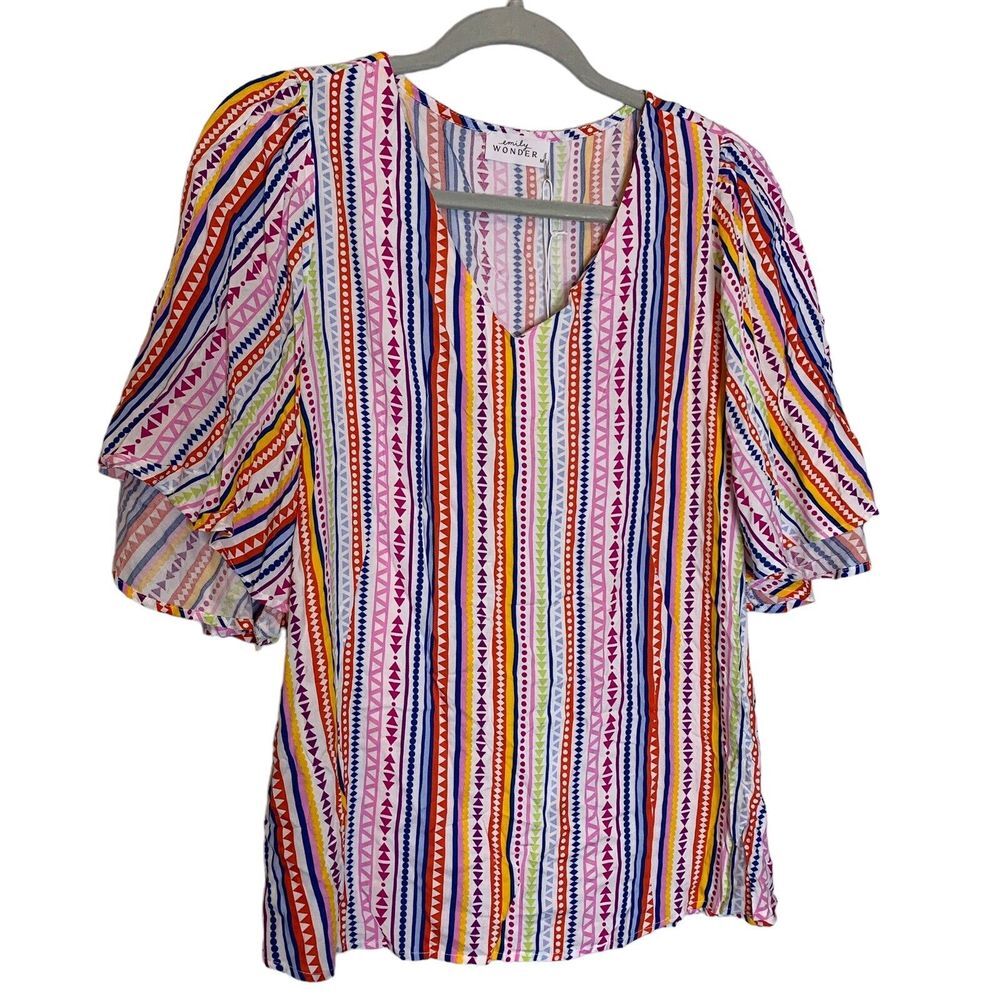 Emily Wonder Blouse Womens Medium V‎ Neck Short Sleeve Lightweight Tunic NEW Top